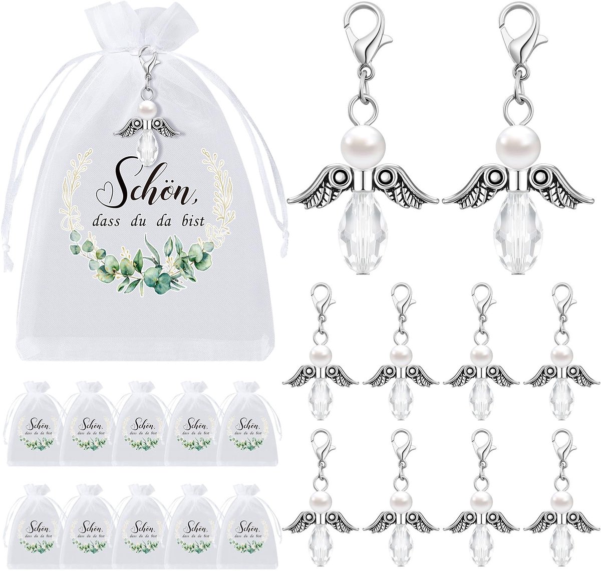 Dailygoods- Sleutelhangers Engel - 30 Sets Cadeautjes - Organza Zakjes - Geluksamuletten - Huwelijksgasten - Eucalyptusbladmotief - Bedankjes