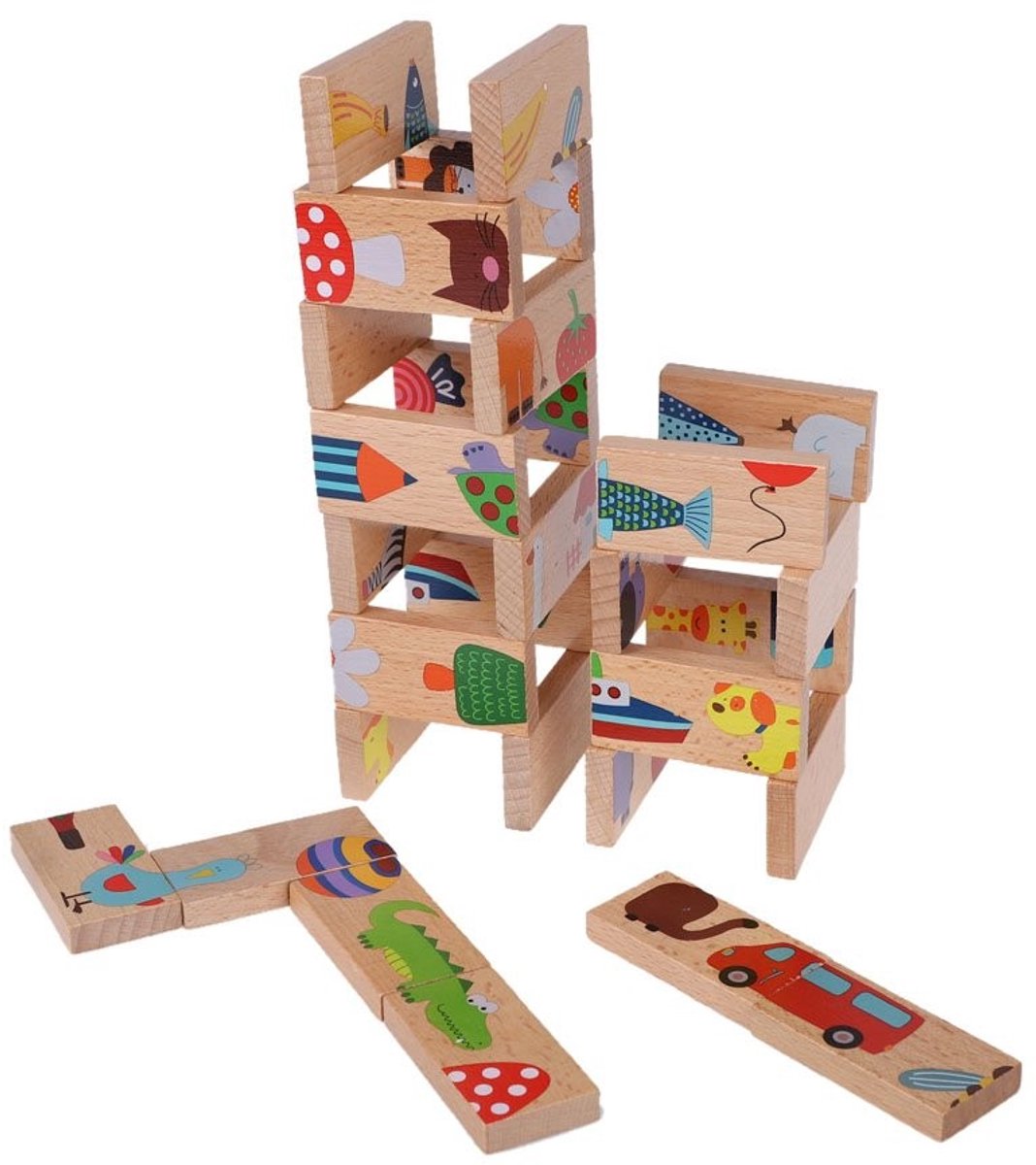 Dailygoods- Dominoblokjes 28-delige set - Houten bouwstenen - Educatief speelgoed - Veilig en niet giftig - Hand-oogcoördinatie - Probleemoplossend vermogen