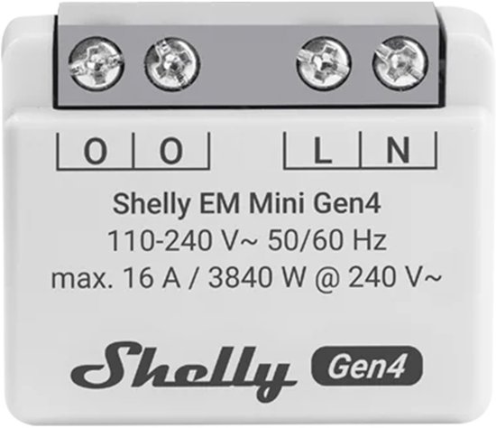 Witte Shelly EM Mini Gen4 energiemeter met schroefklemmen en tekst.