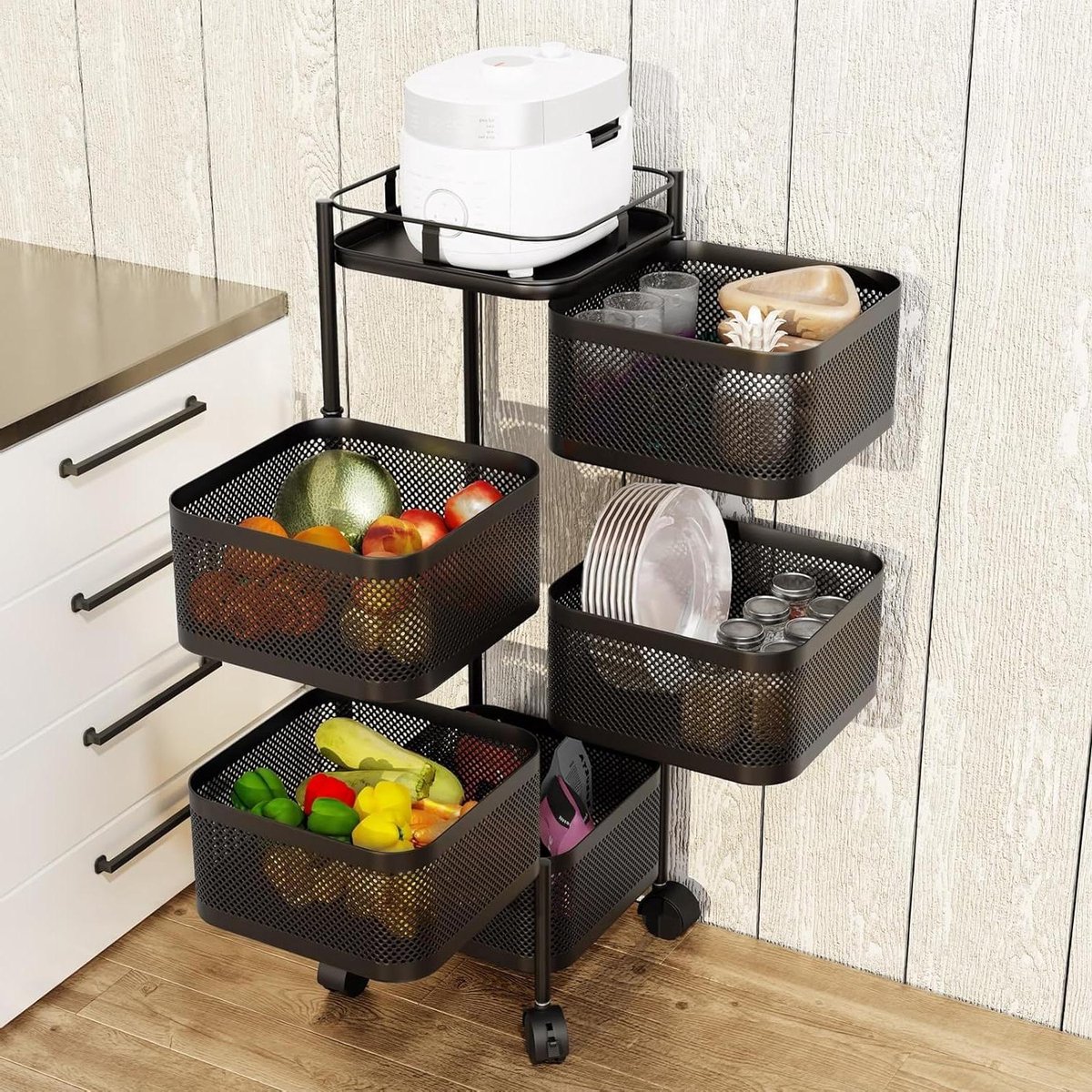 5-laagse Draaibare Opbergkar op Wieltjes – 360° Zwenkwielen – Metaal – Keuken & Huisorganisatie – 27 x 27 x 94 cm