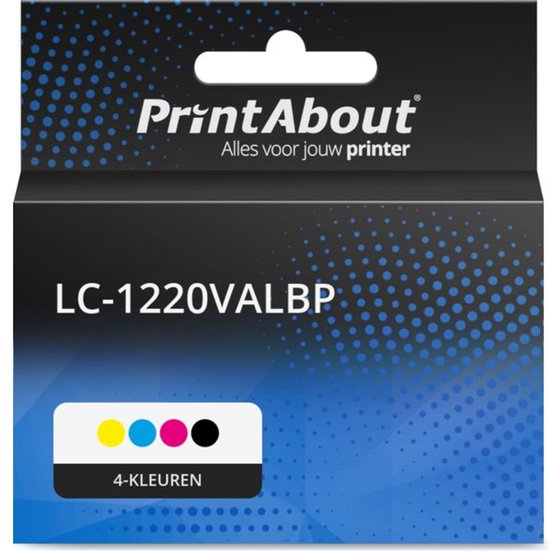 PrintAbout LC-1220VALBP inktcartridge verpakking met vier kleuren iconen en de tekst 4-kleuren.