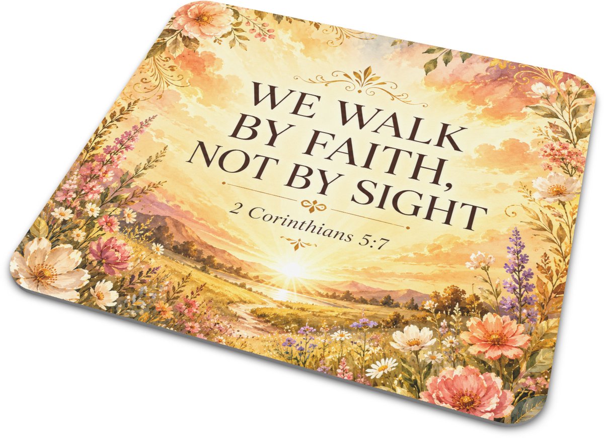Muismat - Bijbeltekst We walk by faith not by sight 2 Corinthians 5:7 - Zonsopgang Bloemen - Christelijk Cadeau Bureau