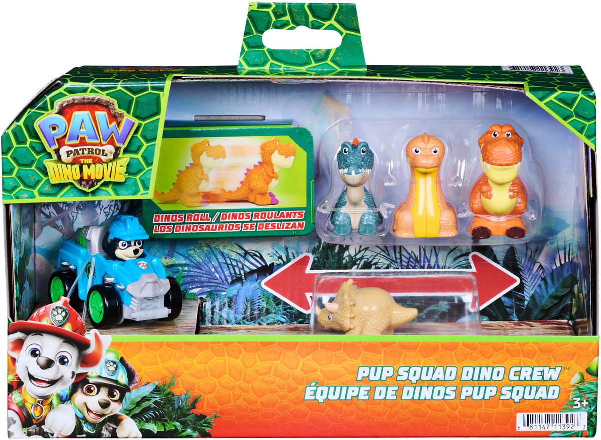 PAW Patrol - De Dino Film - Pup Squad Dino Crew met unieke Rex Pup Squad Racer en 4 dinosaurusfiguren — cadeau in Spellen & Speelgoed - foto 3