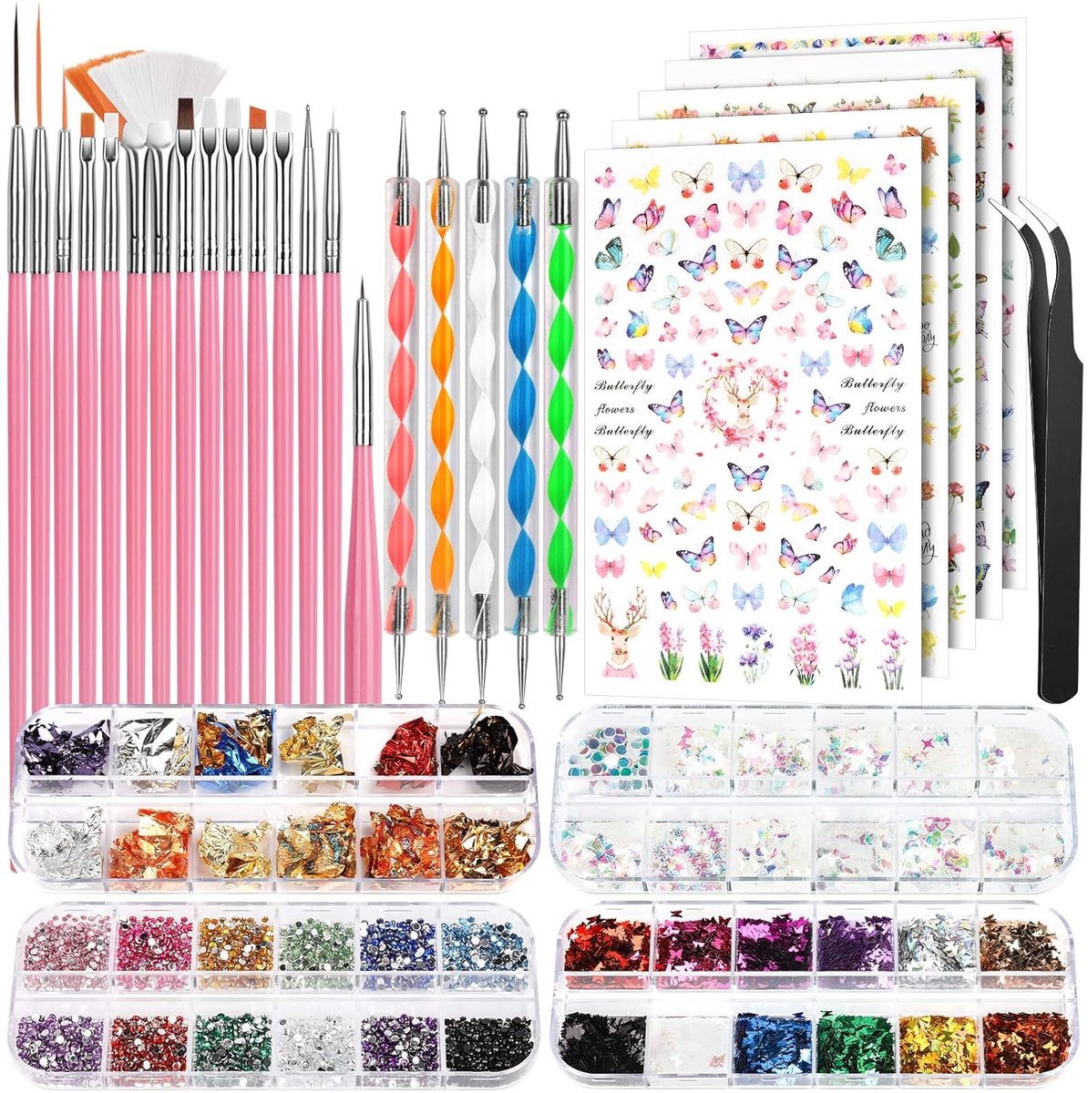 Nail Art Set Compleet met 15 Penselen – 5 Dotting Tools, 5 Nagelstickers, Strass Steentjes, Bladgoud & Nail Art Decoratie – Nageldecoratie Set voor Gelnagels, Acrylnagels en Nail Design DIY