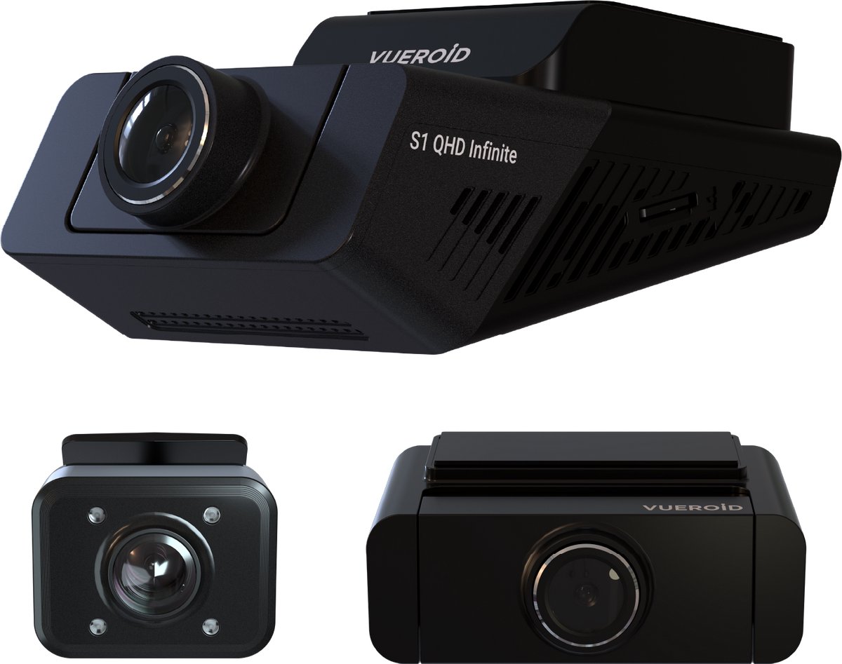 Vueroid - S1 QHD Infinite 3CH 64GB - Dashcam - 2K QHD Voor- en Achtercamera + Full HD Interieurcamera – Sony STARVIS 2 – GPS – Wifi – Premium Night Vision