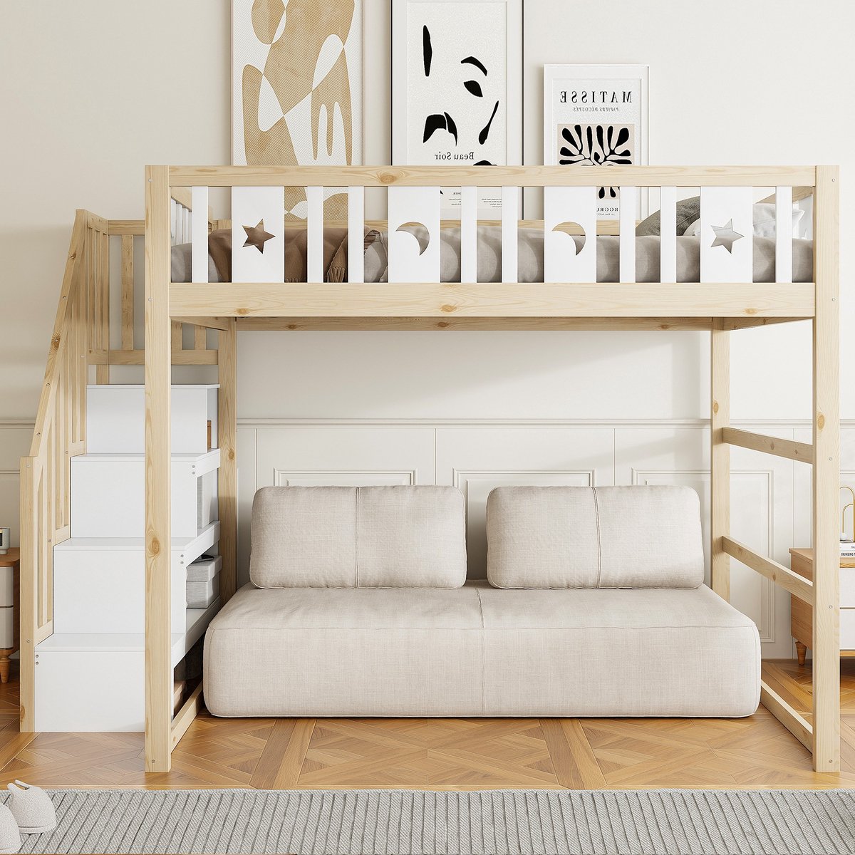 VVBV Stapelbed 140x200 – Kinderstapelbed met Trap en Veiligheidshek – Massief Hout – Wit – Voor Kinderen en Tieners – Opbergruimte Natural+White