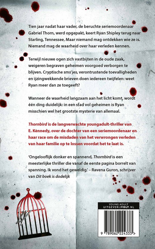 Achterkant van het boek Thornbird, E. Kennedy met tekst over het verhaal, recensies en barcode.