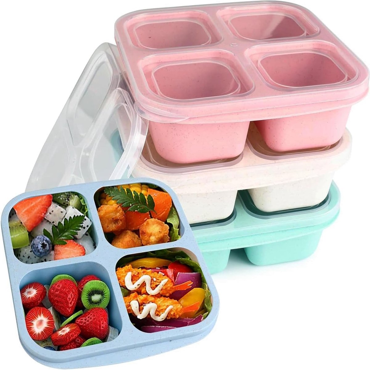 Set van 4 herbruikbare snackdozen met vakken, ideaal voor kinderen en volwassenen, bento stijl, veilig voor magnetrongebruik, perfect voor onderweg