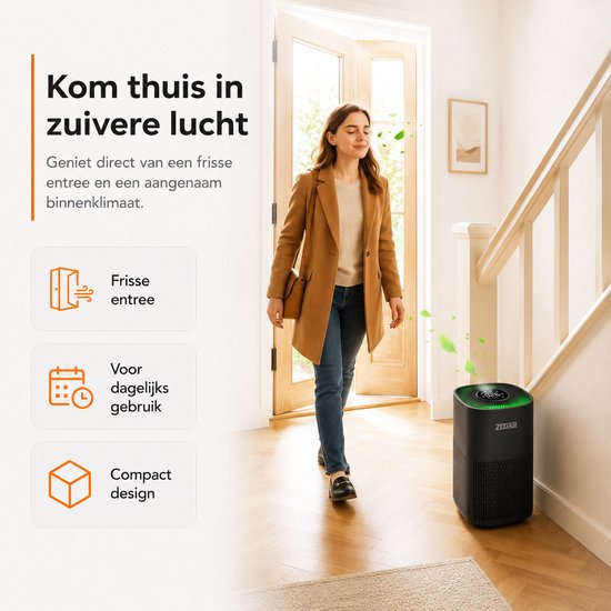 Zwarte luchtreiniger met groen verlicht display, in een hal. Ideaal voor een frisse entree en dagelijks gebruik.