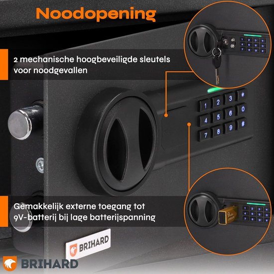 Detail van de kluis met sleutels, digitaal slot en toegang tot 9V-batterij, met tekst 'Noodopening' en '2 mechanische hoogbeveiligde sleutels voor noodgevallen'.