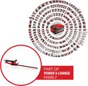 Einhell heggenschaar, onderdeel van de Power X-Change familie, met een cirkelvormige weergave van compatibele apparaten.