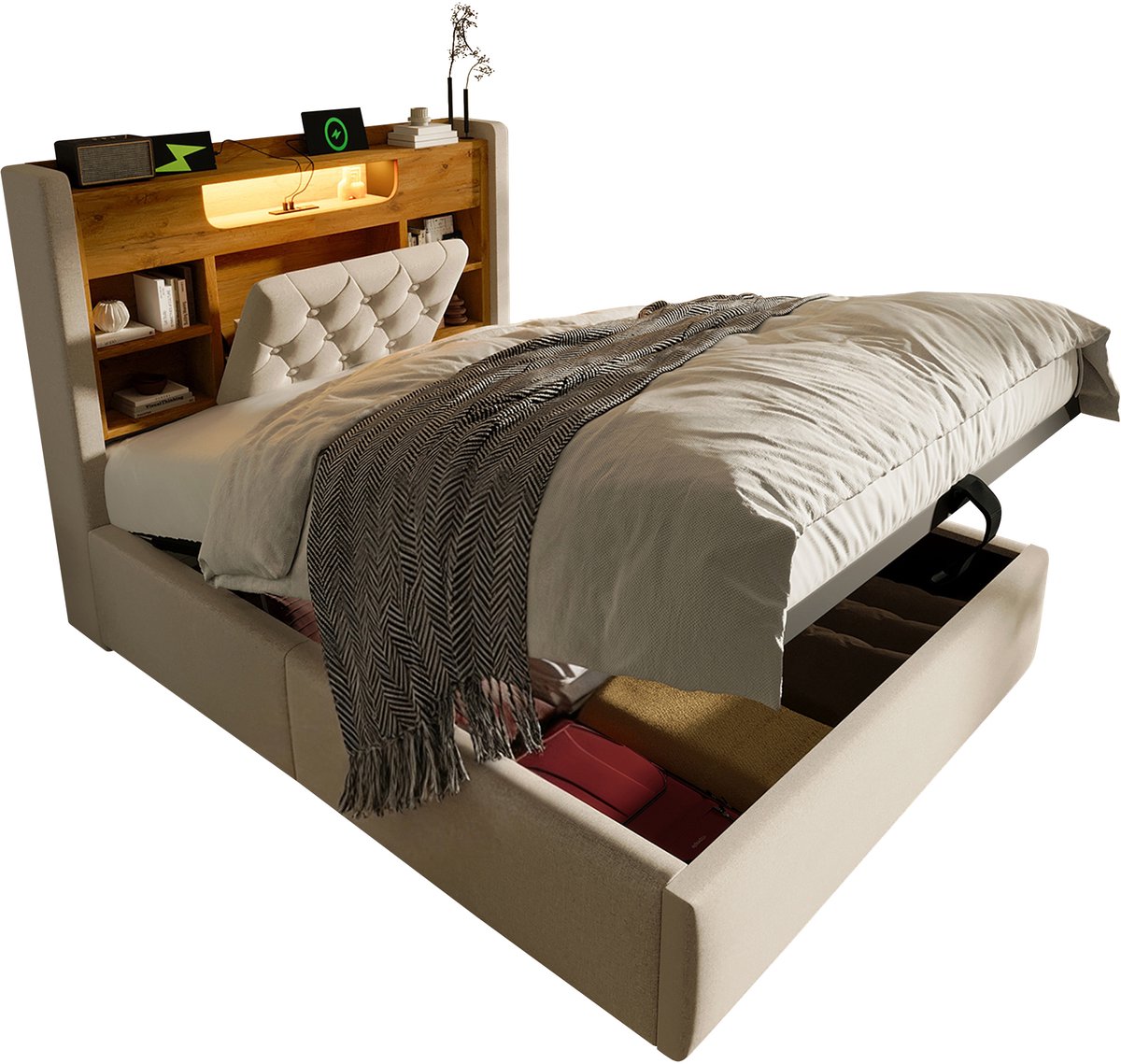 MODENUIT Gestoffeerd bed 90x200 cm – Hoofdbord met plank, led en USB-aansluitingen – Hydraulische opbergruimte – Zonder matras – Beige
