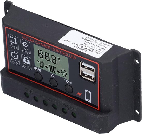 Zij-aanzicht van zwarte solar charge controller met rood frame, scherm en USB-poorten.