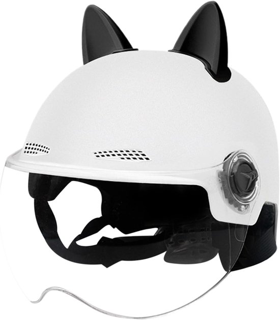 Witte helm met zwarte kattenoren en een doorzichtig vizier.