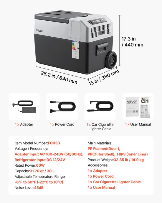 VEVOR Compressor Koelbox 30L, Autokoelkast met Handvat, App-bediening & Wielen, 12V/24V DC, 100-240V AC, -22°C tot 10°C, Elektrische Vriesbox voor Vrachtwagens, Bestelwagens, Campers, SUV's, Reizen & Kamperen van Vevor — afbeelding 3