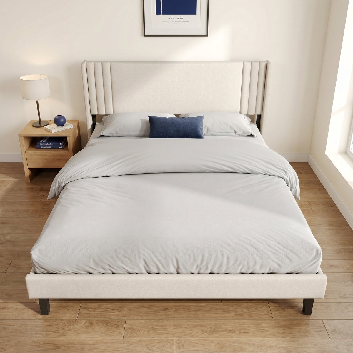 Tweepersoonsbed 140x200 cm met Gestoffeerd Hoofdbord - Opbergruimte - Lattenbodem van Metaal en Hout - Modern Linnen Bed - Beige
