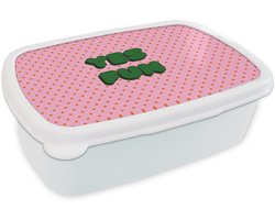 Broodtrommel Wit - Lunchbox Yes fun - Groen - Roze - Stippen - Brooddoos 18x12x6 cm - Brood lunch box - Broodtrommels voor kinderen en volwassenen