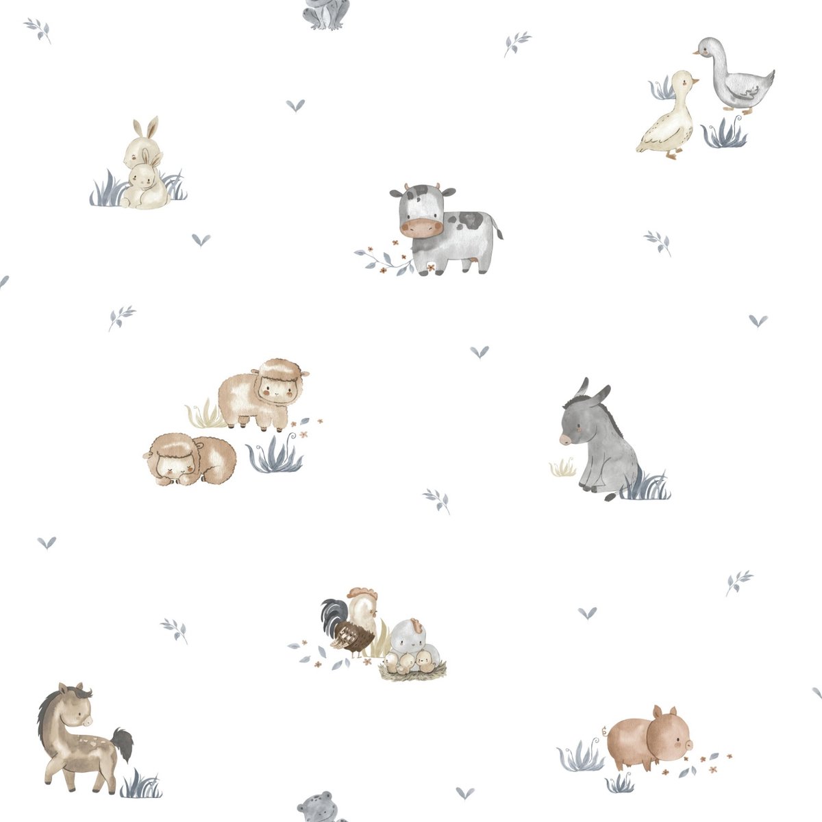 Behang - Boerderij Dieren - Farmhouse - Babykamer Neutraal - Wit Grijs - Kinderkamer - Landelijk - Dierenbehang - Koe Schaap Paard - Aquarel - 0,53 x 10,05 M - Happy