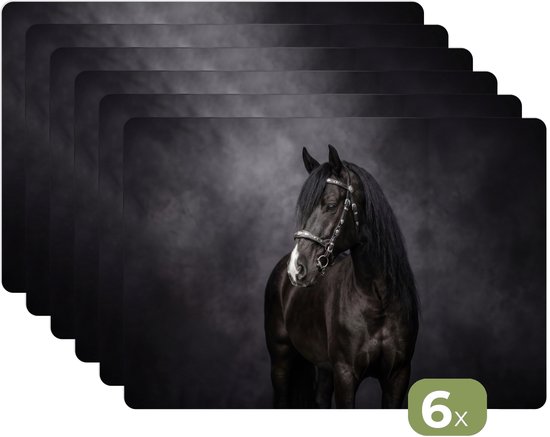 Placemats - 6 stuks - 45x30 cm - Placemat kunststof - Portret - Paard - Zwart - Borden onderleggers - Decoratie voor op tafel - Keuken tafeldecoratie accessoires - Vinyl onderlegger - Tafelversiering