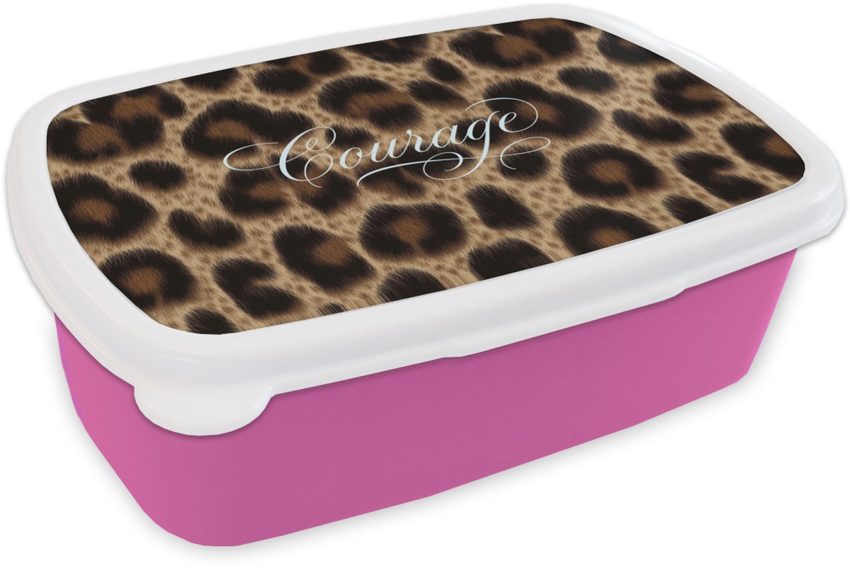 Broodtrommel Roze - Lunchbox Luipaardprint - Bruin - Courage - Sierlijk - Brooddoos 18x12x6 cm - Brood lunch box - Broodtrommels voor kinderen en volwassenen