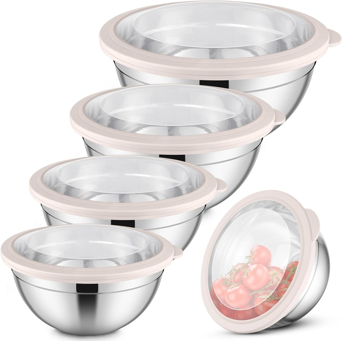 5-delige roestvrijstalen mengkom set met transparant deksel, stapelbare kommen voor bakken en serveren, 4.5L/2.7L/1.5L/1.2L/0.7L, vaatwasmachinebestendig, ideaal voor salades en maaltijden