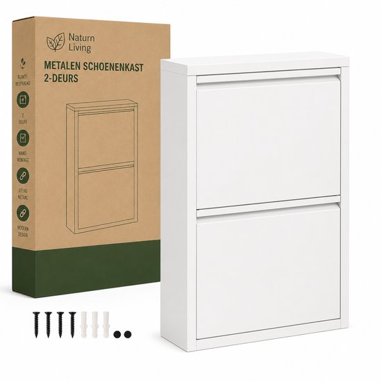 Metalen Schoenenkast 2-Deurs – Smalle Schoenenkast Mat Wit – 50 x 15 x 71,5 cm – Ruimtebesparend Schoenenrek met Wandmontage – Moderne Schoenenopberger voor Hal & Gang – Mat wit