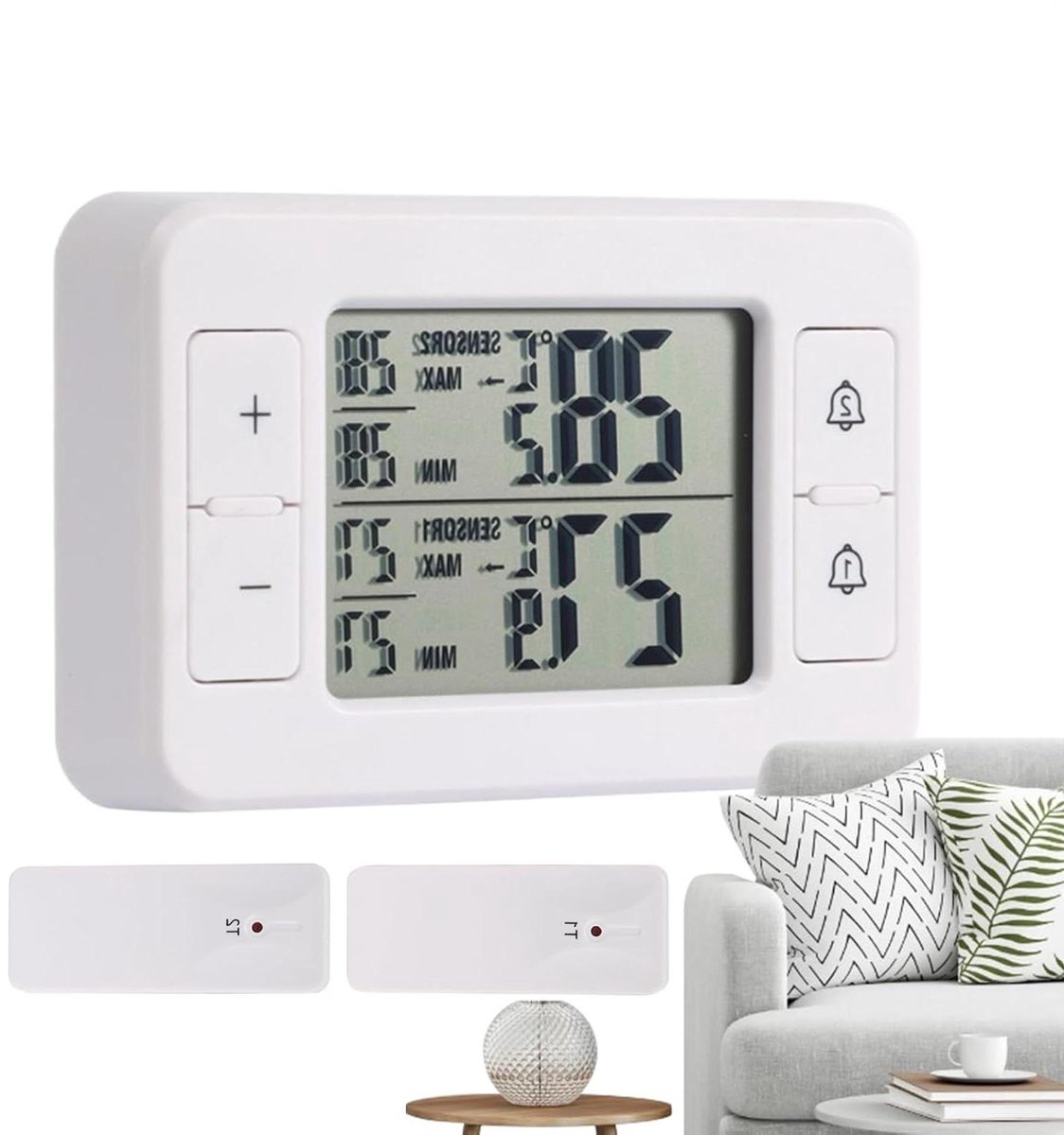 Koelkast Thermometer - Vriezer Monitor - Temperatuur Bewaken - Draadloze Dubbele Sensor - 100 Meter Bereik - Wit