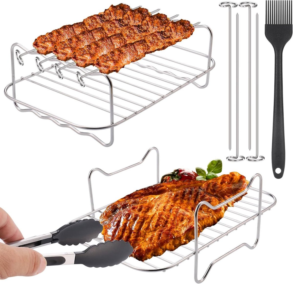 4-delige Air Fryer Rack Set met 4 Spiezen, 1 Oliekwast en 1 Keuken Tang voor Barbecue en Roosteren in de Oven