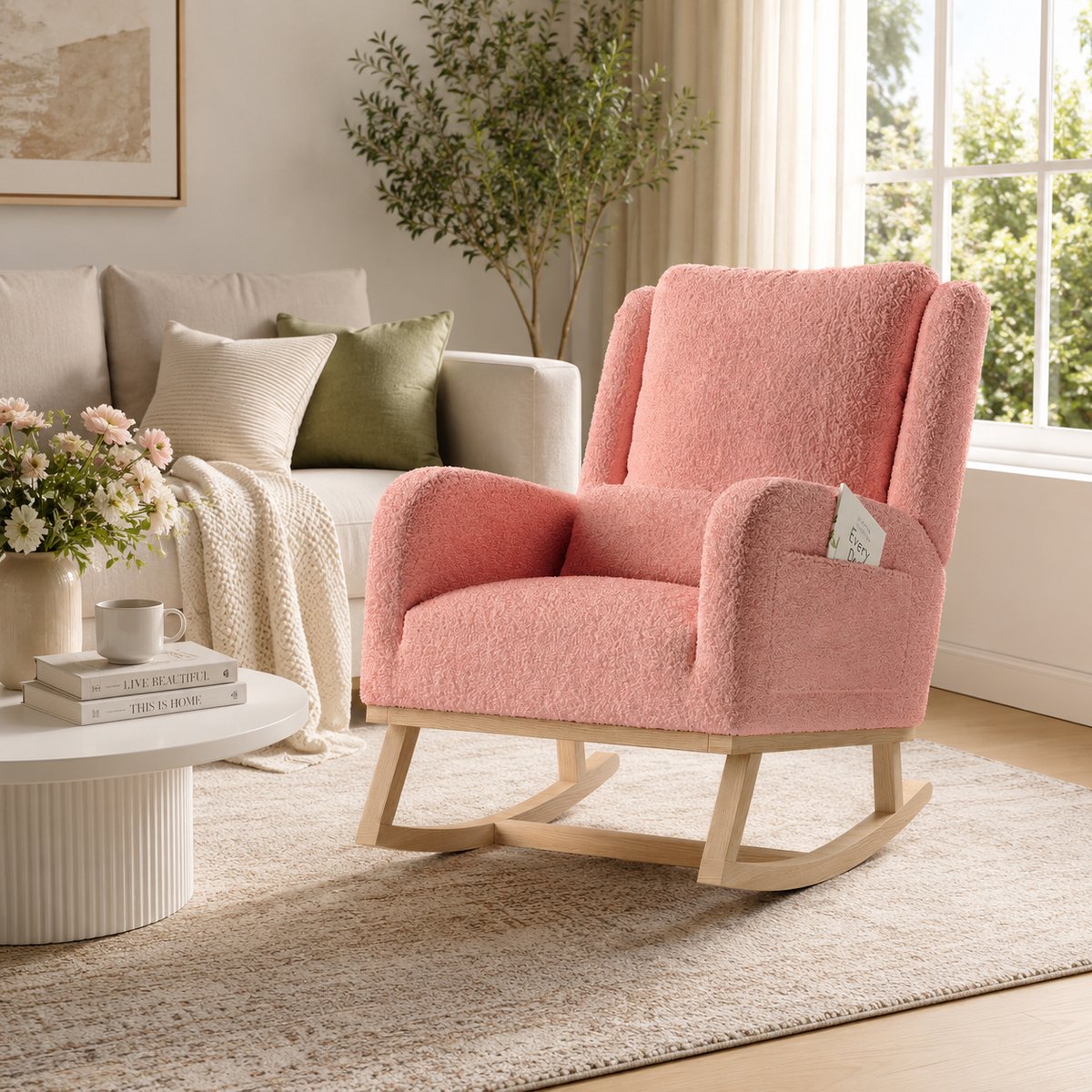 Schommelstoel met lendenensteun - Verpleegstoel met Opbergvakkens - Relaxstoel babykamer met Verdikt kussen - voor Woonkamer of Slaapkamer - Massief houten poten - Teddy Rose