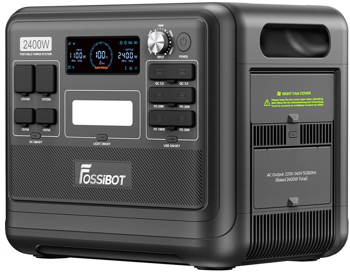 FOSSiBOT F2400 Draagbare Energiecentrale - 2400W Uitgang - 2048Wh LiFePO4 batterij - 13 Uitgangspoorten - 1,5-2 uur snel opladen- Slimme App Energiebeheer - Zwart