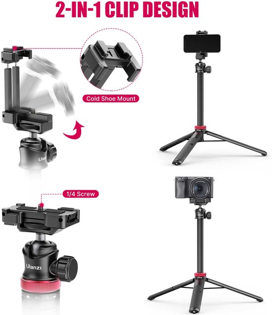 Ulanzi statief, details van 2-in-1 clip design, koude schoenhouder, 1/4 schroef en camera op statief.