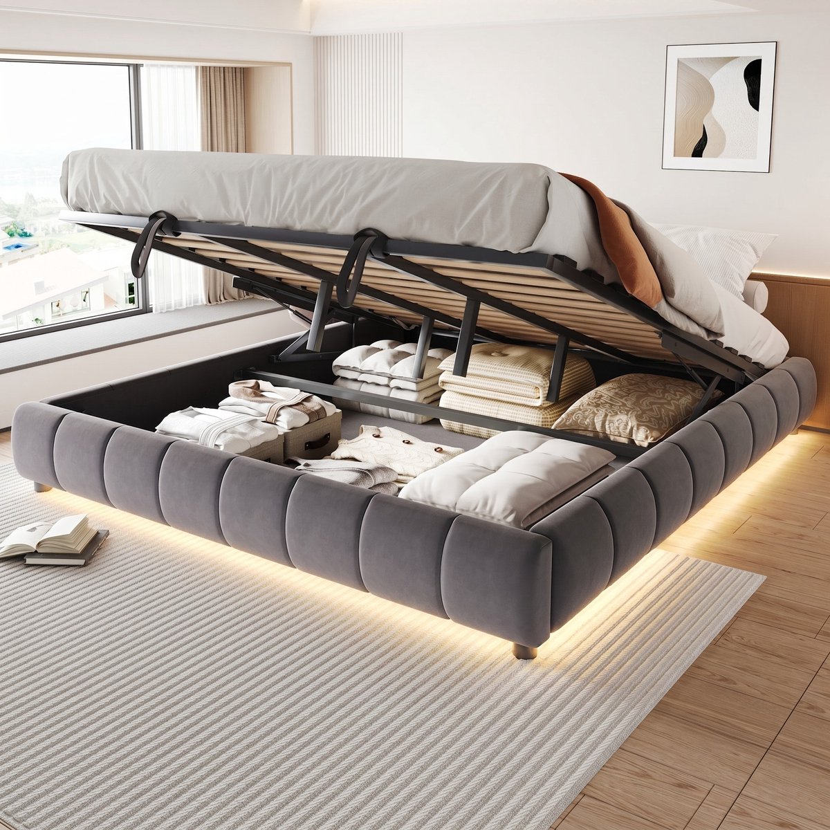 VVBV Gestoffeerd Opbergbed 180x200 cm - Hydraulische Opbergruimte, LED-Verlichting, Hoofdbord, Voor Kinderen/Tieners - Grijs Gray