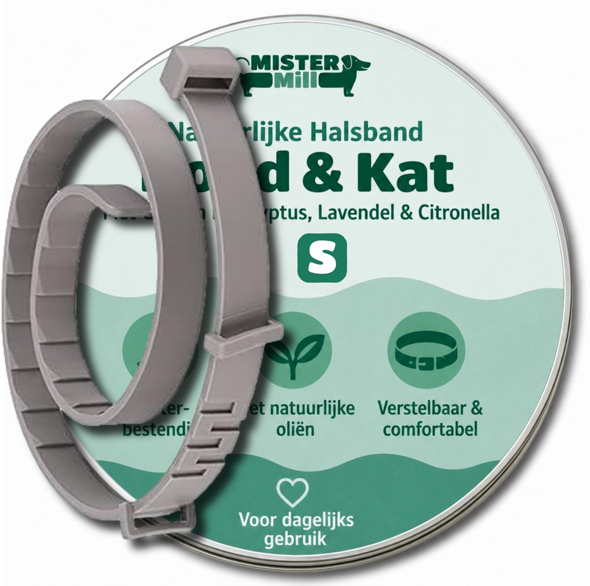 Mister Mill Natuurlijke Halsband Hond & Kat | Met Citroen Eucalyptus, Lavendel & Citronella | Verstelbaar | Waterbestendig | Maat S Tot nekomtrek 30 cm. Alle Rassen