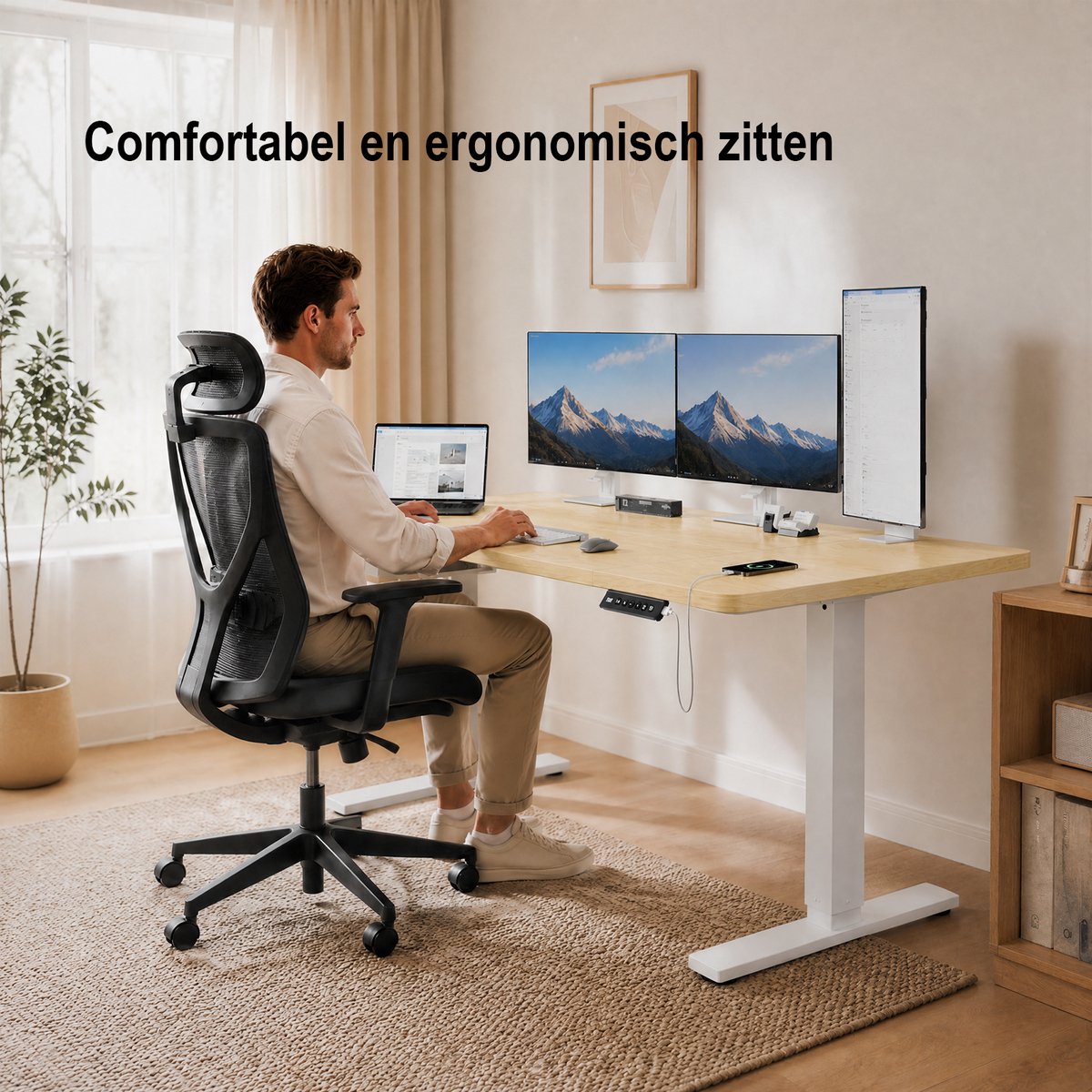 Devoko Elektrisch Zit-sta Bureau 180x80 cm – Stille Motor met Geheugenfunctie – Zit-alarm – Digitaal Display – 6 Knoppen Handbediening – USB Poort – Zit-sta Bureau – Beige thumbnail 3