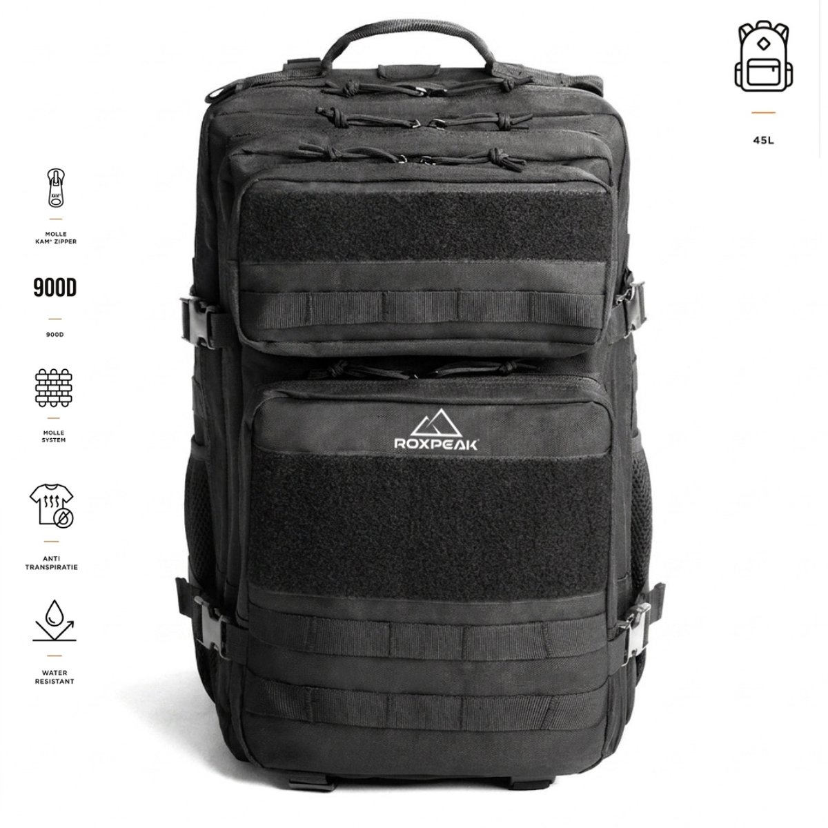 RoxPeak® TitanPack T1 - Outdoor Rugzak - 25L- Tactical Backpack – 15 Inch Laptopvak – 900D Oxford Polyester – MOLLE Systeem – Waterafstotend – Hiking, Camping, werk & Reisrugzak– Zwart