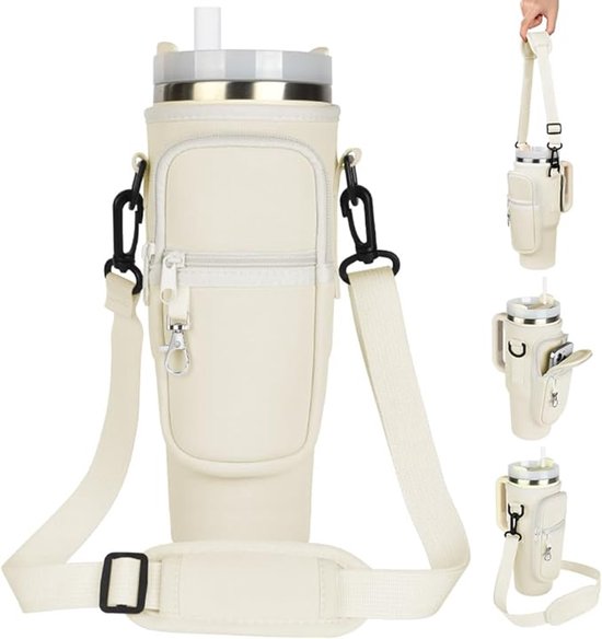 Waterfles Draagtas, Waterfles Houder met Verstelbare Riem & Telefoonvak Geschikt voor Stanley Cup, Geschikt voor Stanley Quencher 40 oz Tumbler, Wandelen, Hiken, Camping, Wit, 24.5 x 11 x 7.5 cm — afbeelding 5