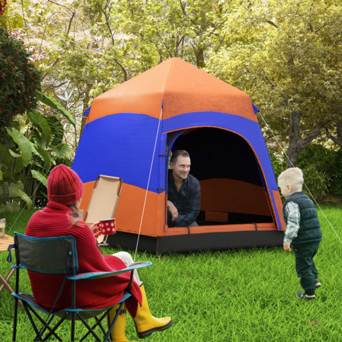 Familie Koepeltent 4-6 Personen - Vier-Seizoenen Tent Waterdicht - Pop-up Tent met Muggennet - 2 Deuren - Oranje - 280x280x170 cm – foto 3