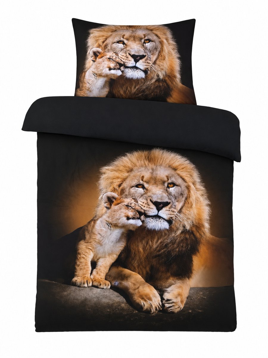 Husch - Kinderdekbedovertrek Safari - 140x200/220 - Leeuwen - Zwart/Bruin