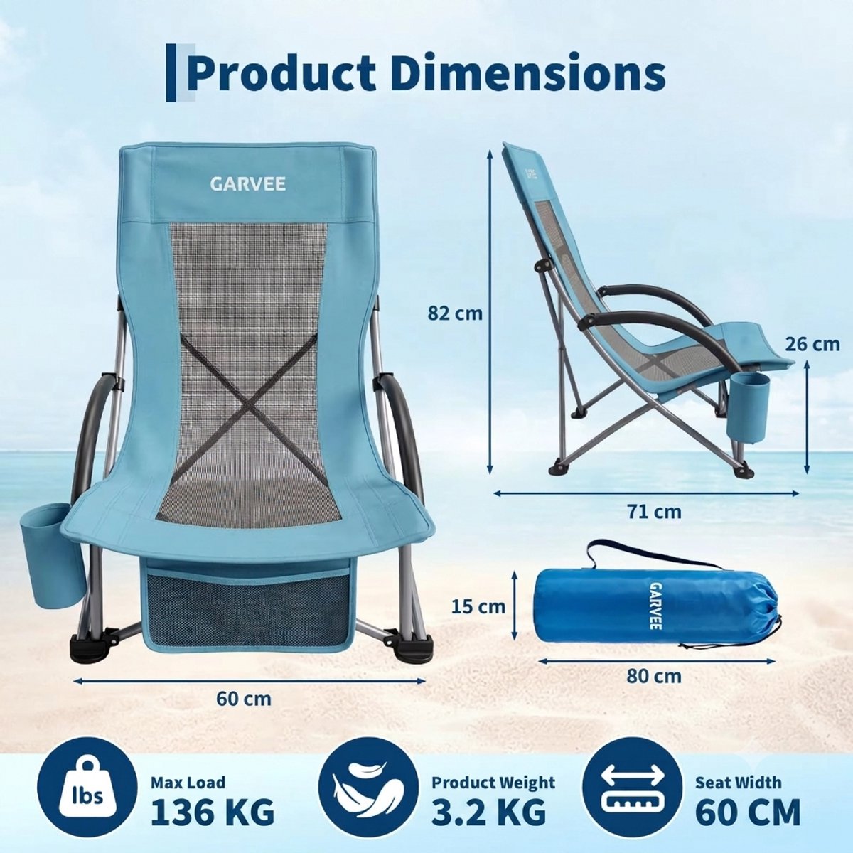 Hutjemutje - opvouwbare strandstoel - set van 2 - lichtgewicht campingstoel - met bekerhouder - tot 150 kg - inclusief draagtas - blauw — cadeau in Sport & Outdoor - foto 7