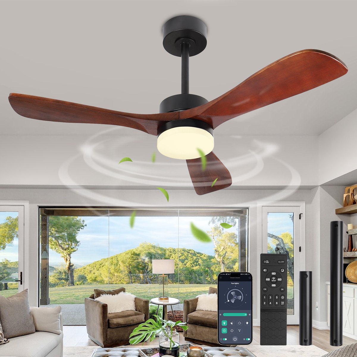 Rosnek Plafondventilator met Lamp - Ventilator Plafond met Massief Houten Bladen - LED Plafondlamp Dimbaar - Afstandsbediening & App - 6 Snelheden - Stille DC Motor - Ø106cm