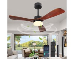 Rosnek Plafondventilator met Lamp - Ventilator Plafond met Massief Houten Bladen - LED Plafondlamp Dimbaar - Afstandsbediening & App - 6 Snelheden - Stille DC Motor - Ø106cm