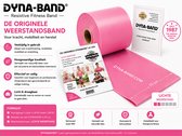 Roze Dyna-Band weerstandsband rol van 15 cm breed. Tekst: 'De originele weerstandsband'.