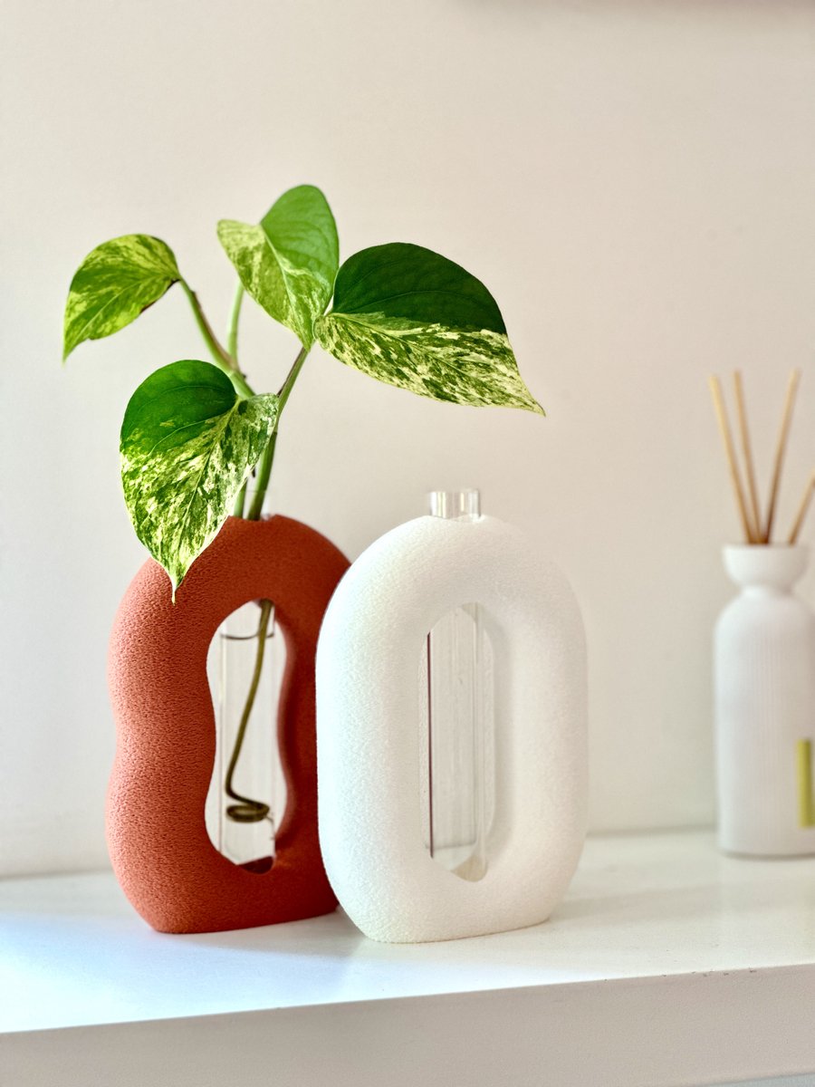 ARLO Stekhouder Set van 2 – 3D Geprint van Bio-Based PLA | Glazen Reageerbuisje | Stek Vaasje | Kamerplant Accessoire | Planten Cadeau | Wit & Terra Cotta
