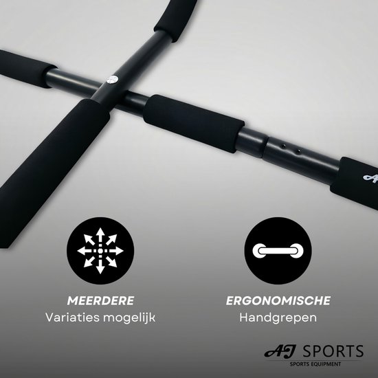 Close-up van de zwarte optrekstang met schuimgrepen, met iconen voor meerdere greepmogelijkheden en ergonomische handgrepen.
