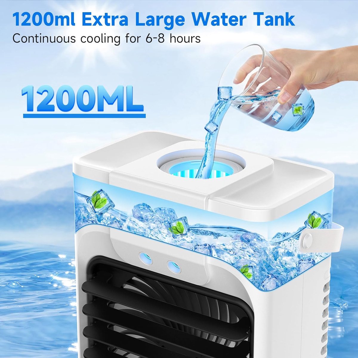 1200 ml mobiele airconditioner met afstandsbediening, 5-in-1 mobiel luchtkoelsysteem, 3 snelheden, 3 sproeistanden, 7 kleuren licht, 2-8 uur timer, mini-airconditioner voor kamer/kantoor — afbeelding 9