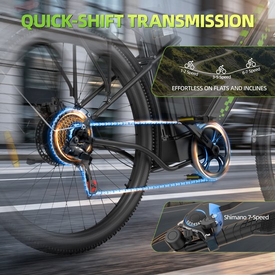 WITAMBIKE C26 Elektrische fiets - 26 inches - Max 25km/u - 250W motor -Tot 100 km - Met Kabelslot，Telefoonhouder，Fietspomp -Zwart — afbeelding 3