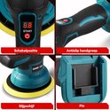 Vier close-ups van de polijstmachine: schakelpositie, antislip handgreep, schijf en batterij compartiment.