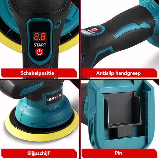 Vier close-ups van de polijstmachine: schakelpositie, antislip handgreep, schijf en batterij compartiment.