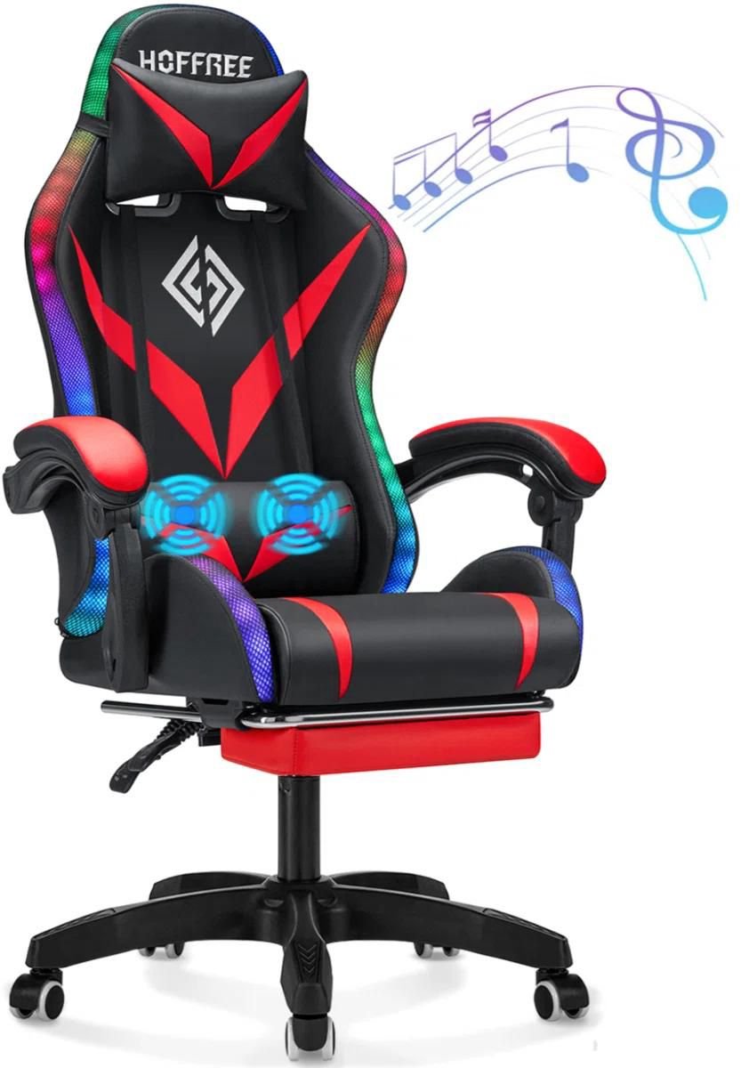 Hoffree Gaming Stoel met RGB-verlichting, Bluetooth Speakers, Massagefunctie en Voetsteun – Ergonomische Bureaustoel Verstelbaar 90°-135° – Rood/Zwart – Belastbaar tot 160 kg