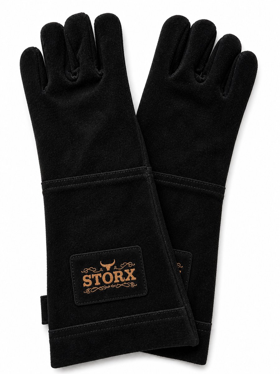Storx Leren BBQ Handschoenen Zwart – Hittebestendige Grillhandschoenen van Echt Leer – Extra Lange Bescherming voor Barbecue, Oven en Smoker